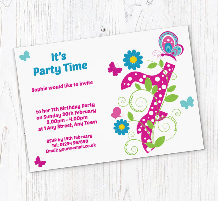 butterfly 7th birthday party invitations