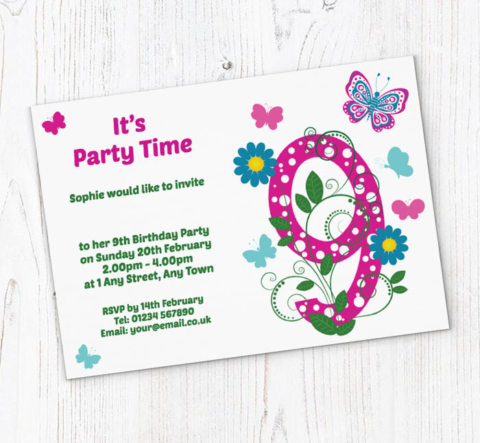 butterfly 9th birthday party invitations