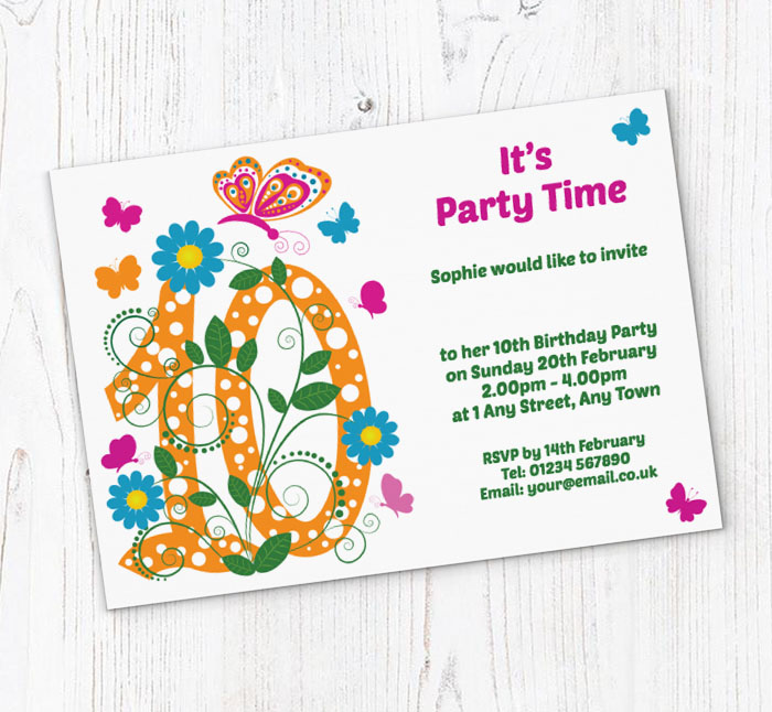 butterfly 10th birthday party invitations