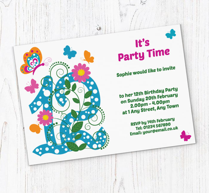 butterfly 12th birthday party invitations