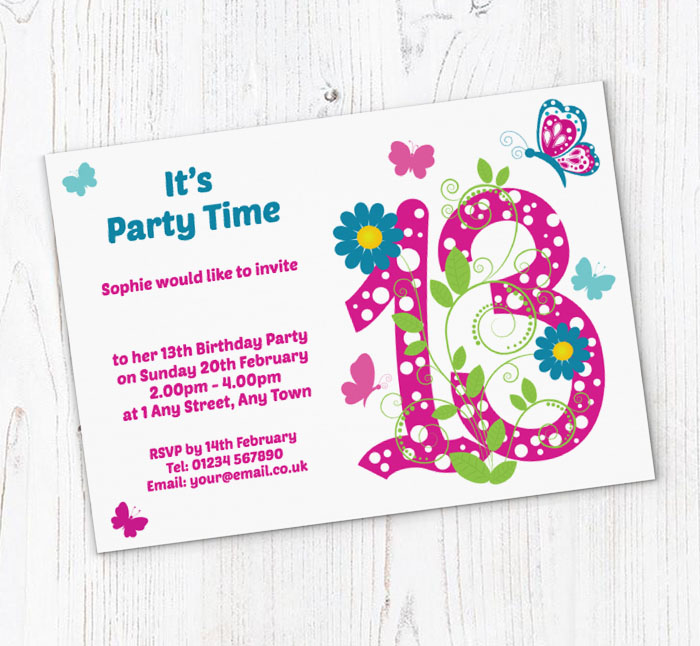 butterfly 13th birthday party invitations