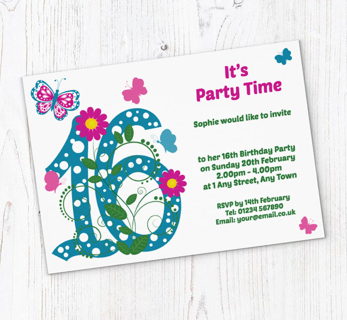 butterfly 16th birthday party invitations