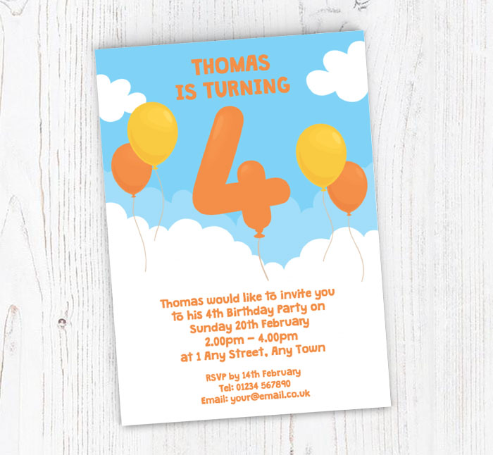 4th birthday balloon party invitations