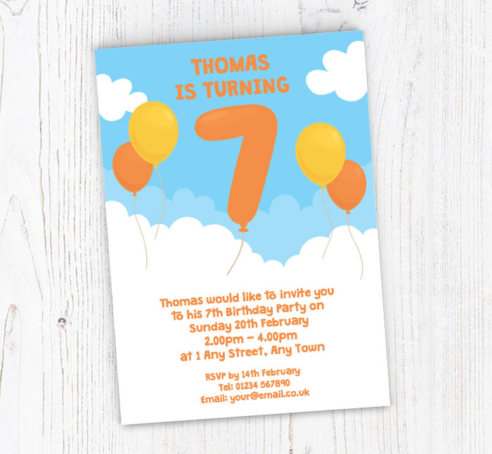 7th birthday balloon party invitations