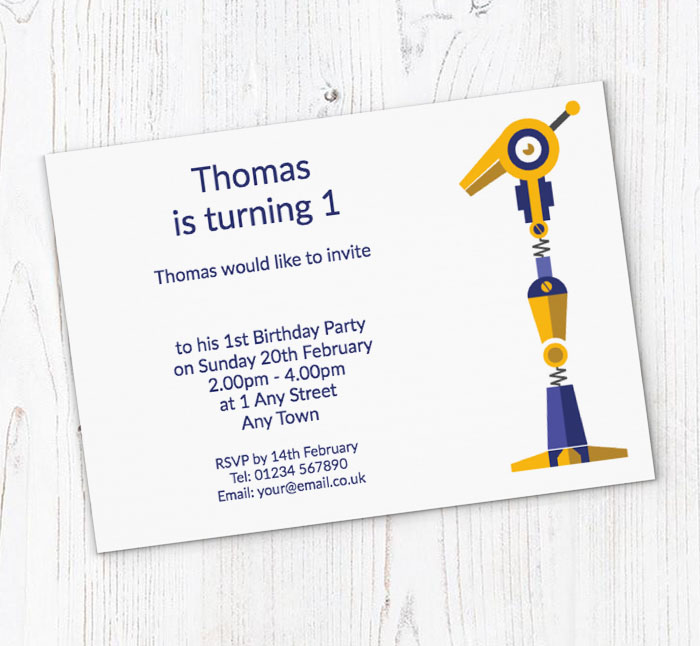 robot 1st birthday party invitations