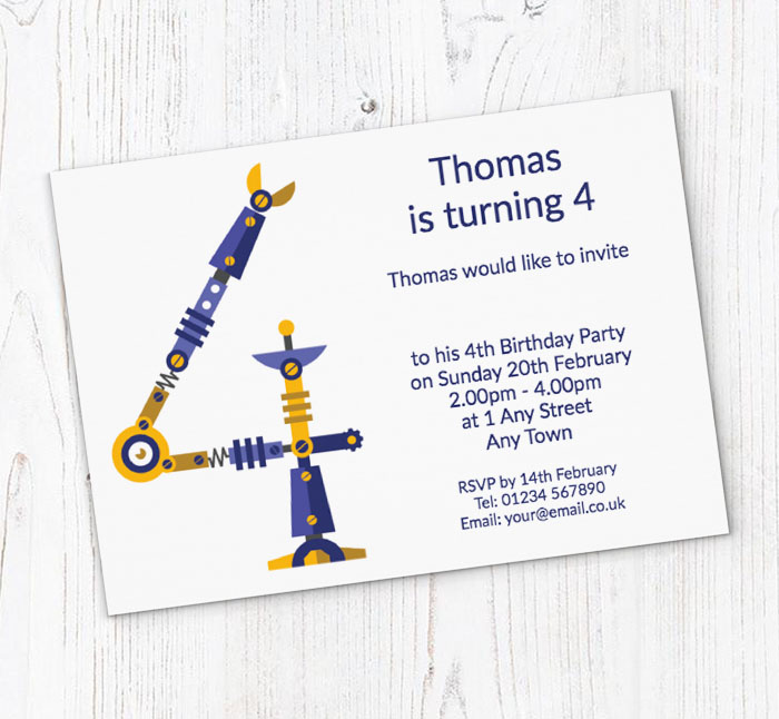 robot 4th birthday party invitations
