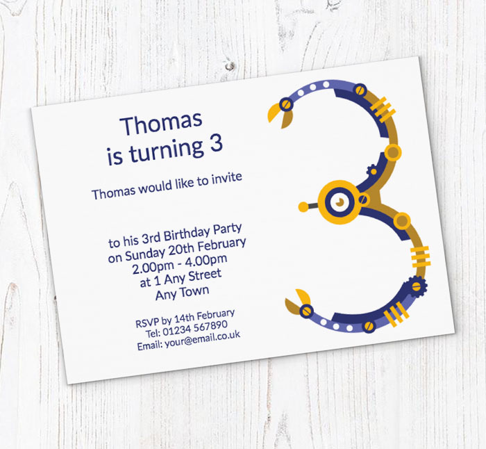 robot 3rd birthday party invitations