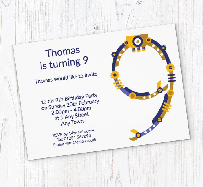 robot 9th birthday party invitations