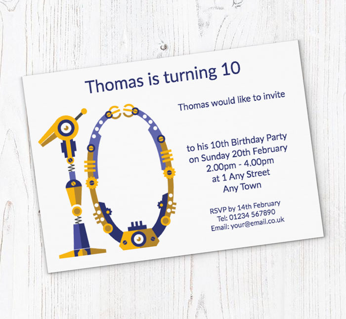 robot 10th birthday party invitations