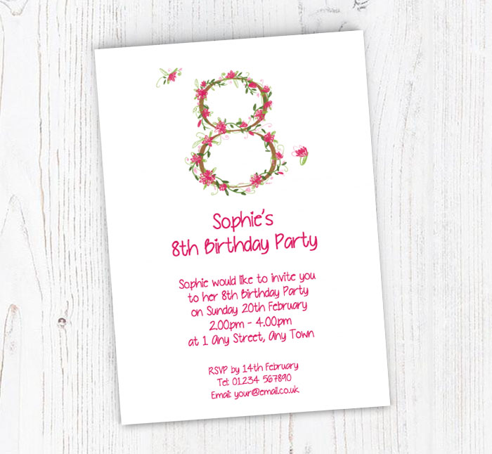 floral 8th birthday party invitations
