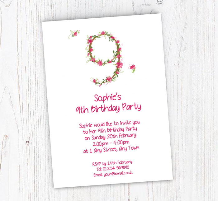 floral 9th birthday party invitations