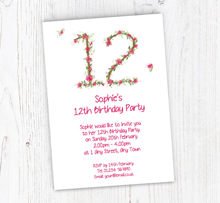 floral 12th birthday party invitations