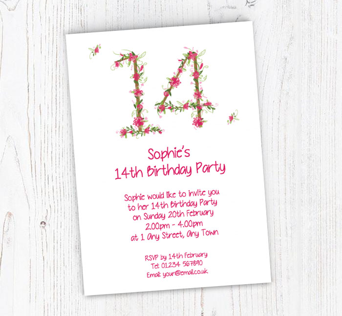 floral 14th birthday party invitations