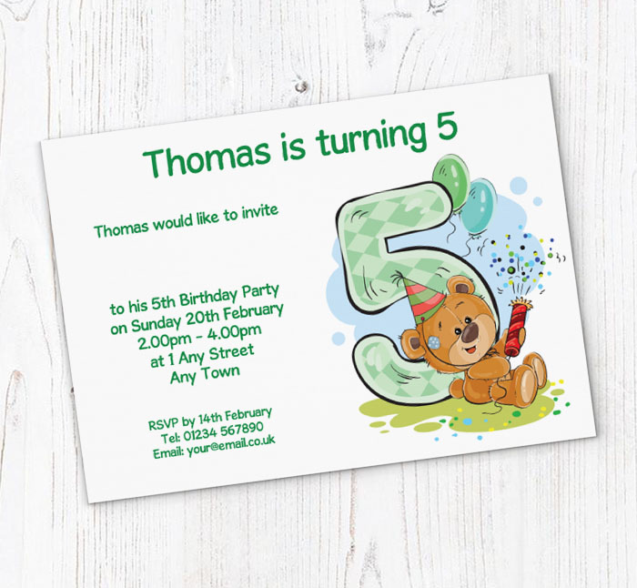 party bear 5th birthday party invitations