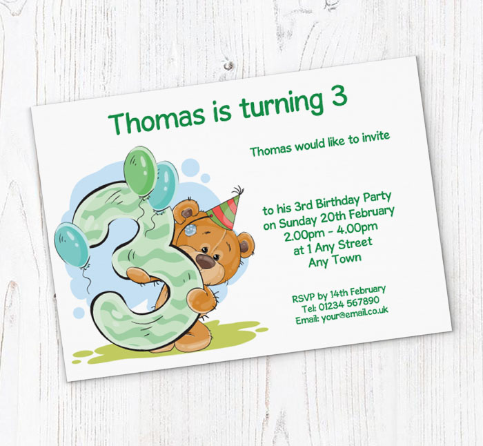 party bear 3rd birthday party invitations