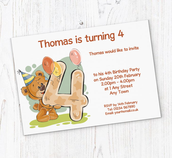 party bear 4th birthday party invitations