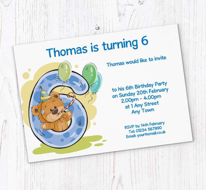 party bear 6th birthday party invitations