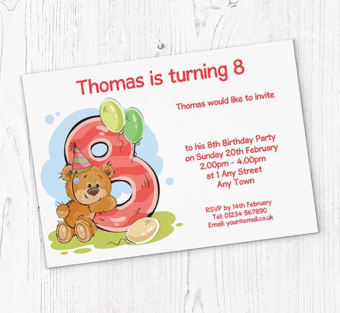 party bear 8th birthday party invitations