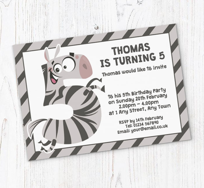 zebra 5th birthday party invitations