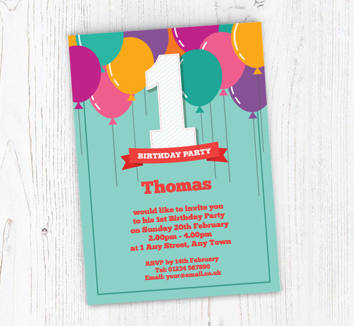 1st birthday balloons party invitations