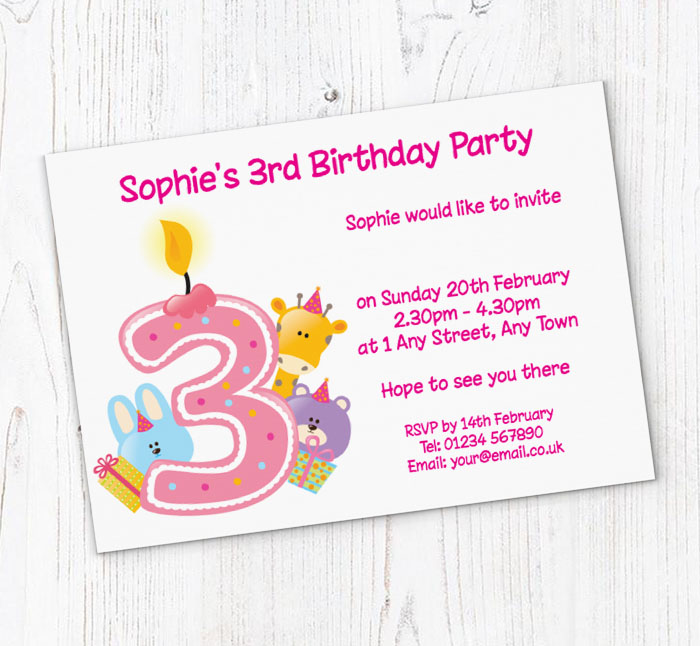 pink 3rd birthday party invitations