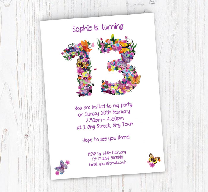 flowery 13th birthday party invitations