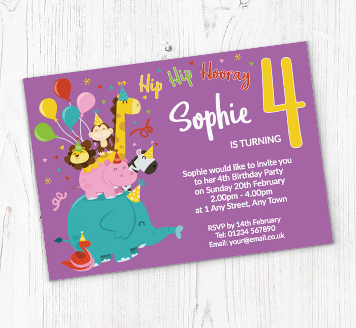 4th animal birthday party invitations