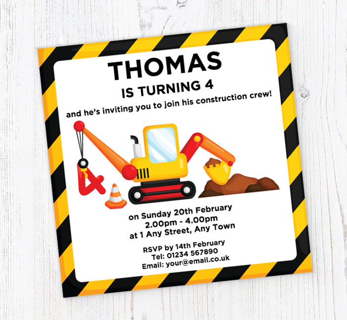 4th birthday digger party invitations