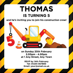 5th birthday digger party invitations