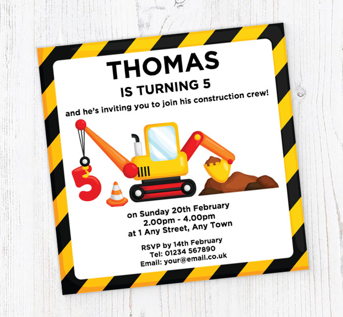 5th birthday digger party invitations