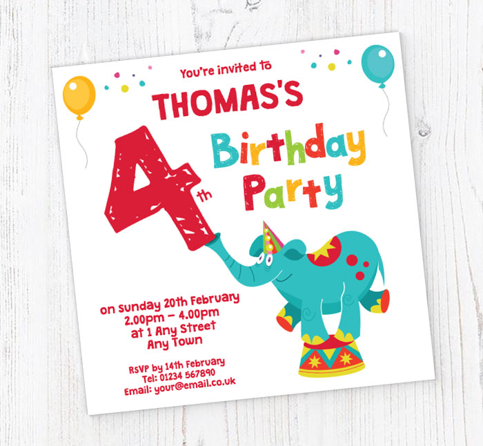 Elephant 4th Birthday Party Invitations Personalise Online Plus Free