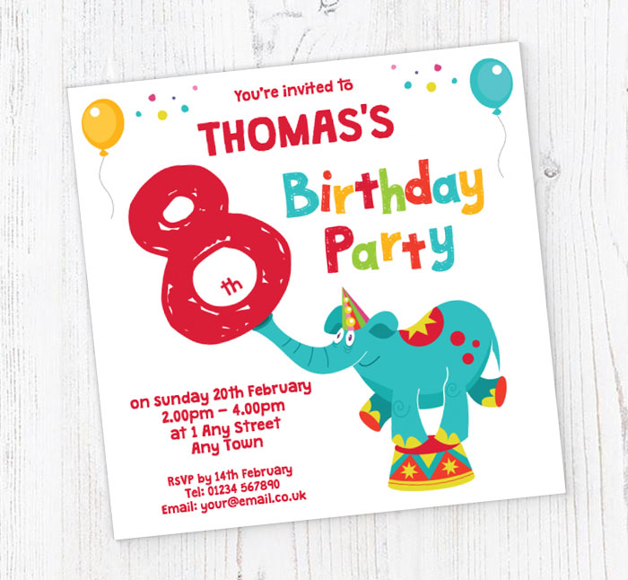 elephant 8th birthday party invitations