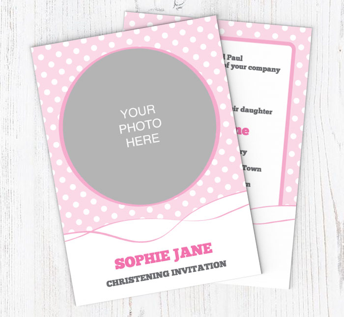 pink photo christening invitations