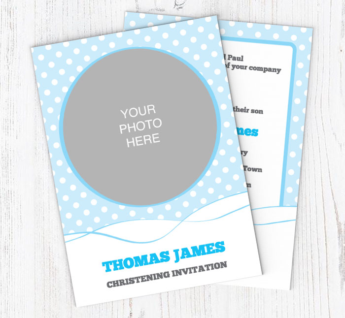 blue photo christening invitations