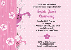 pink bunnies christening invitations