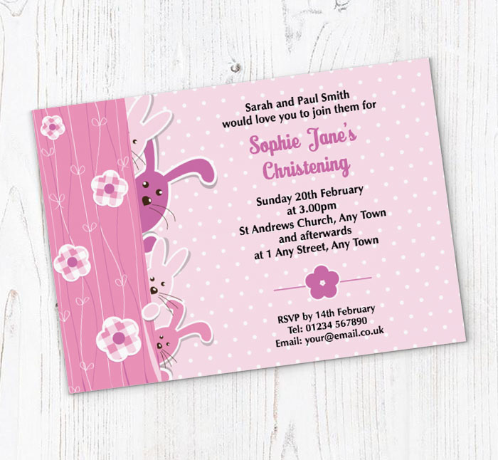 pink bunnies christening invitations