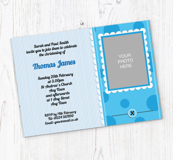 blue buttons christening invitations