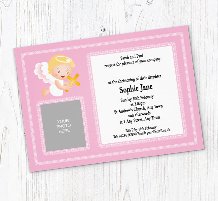 pink angel christening invitations
