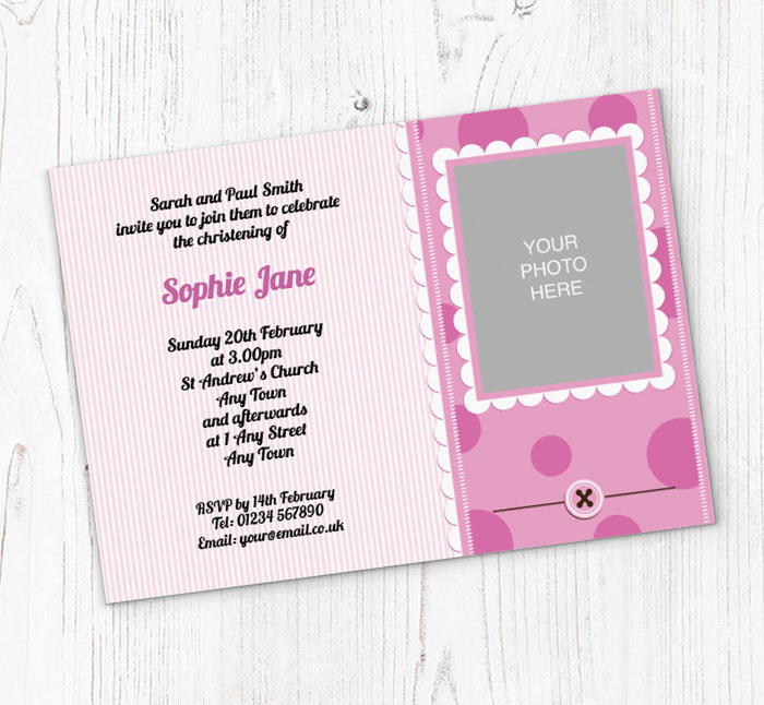 pink buttons christening invitations