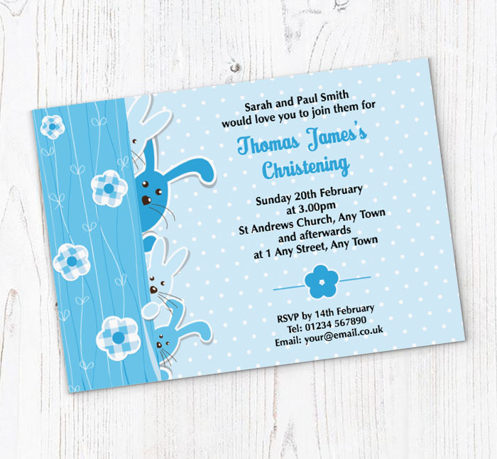 blue bunnies christening invitations