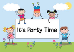 children with banner invitations