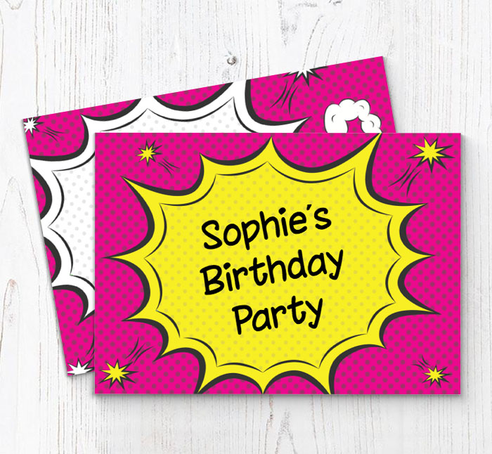 pink comic boom invitations