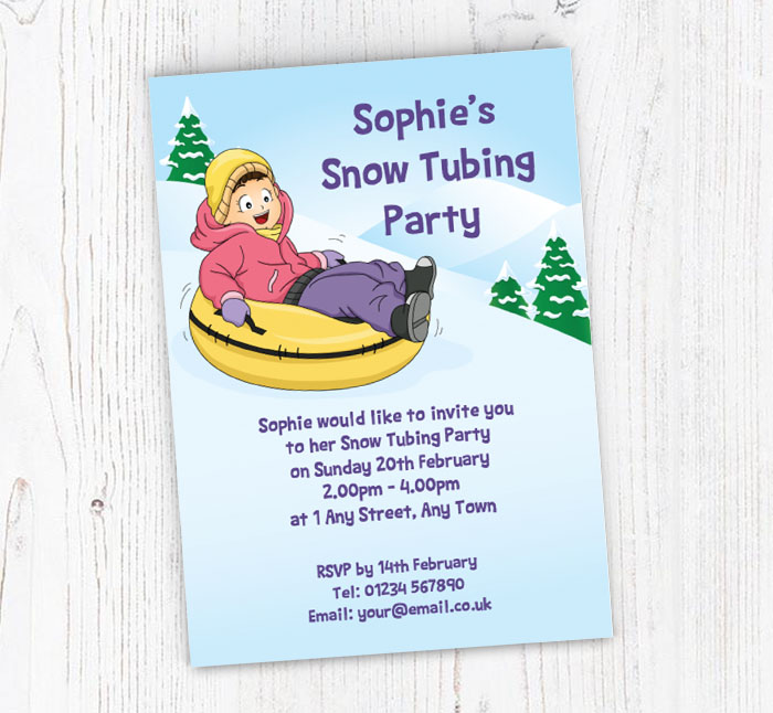 girl riding snow tube invitations