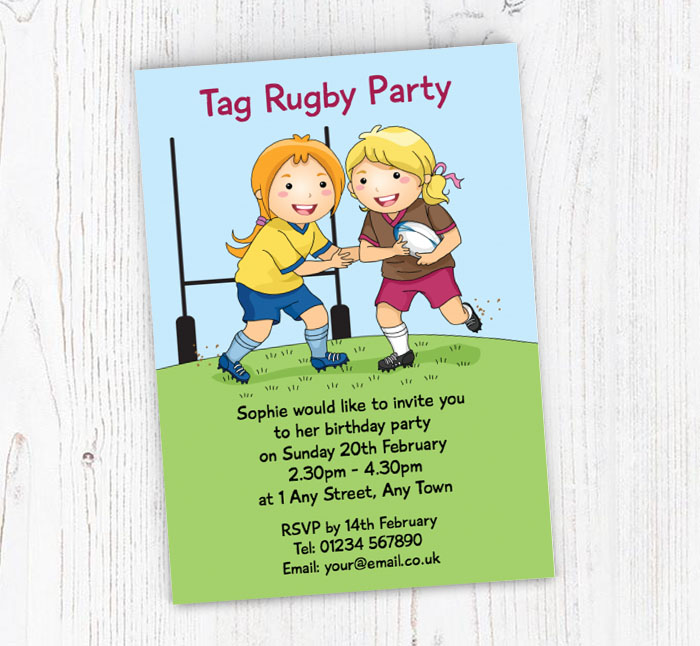 girls tag rugby party invitations