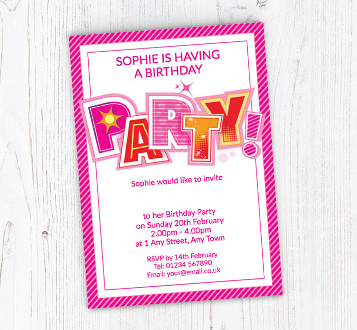 pink party lettering invitations