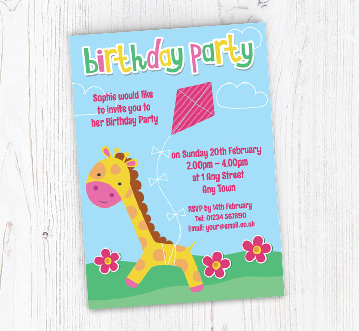giraffe with kite party invitations
