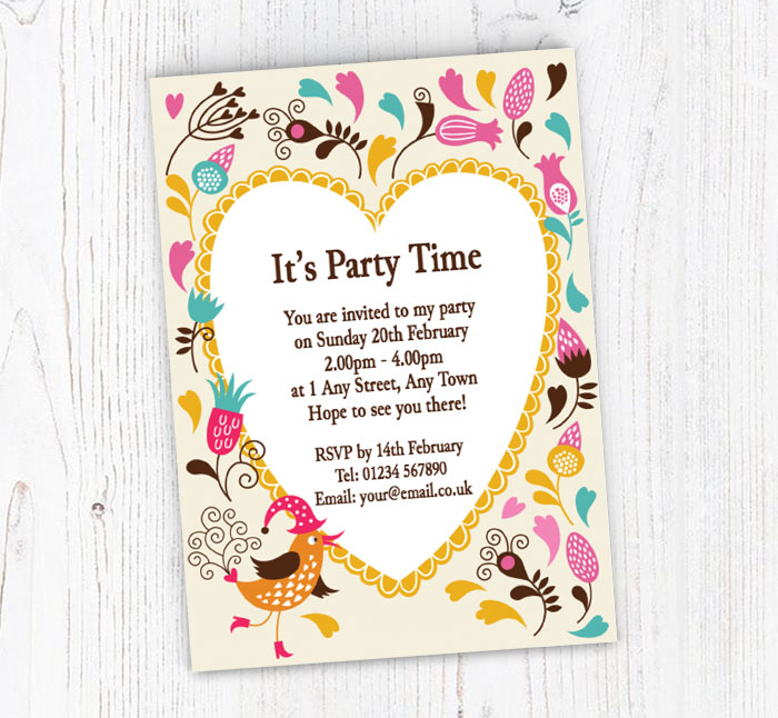 bird and heart party invitations