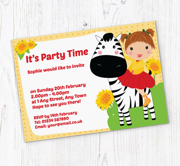 girl and zebra party invitations