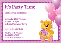 teddy holding balloons invitations