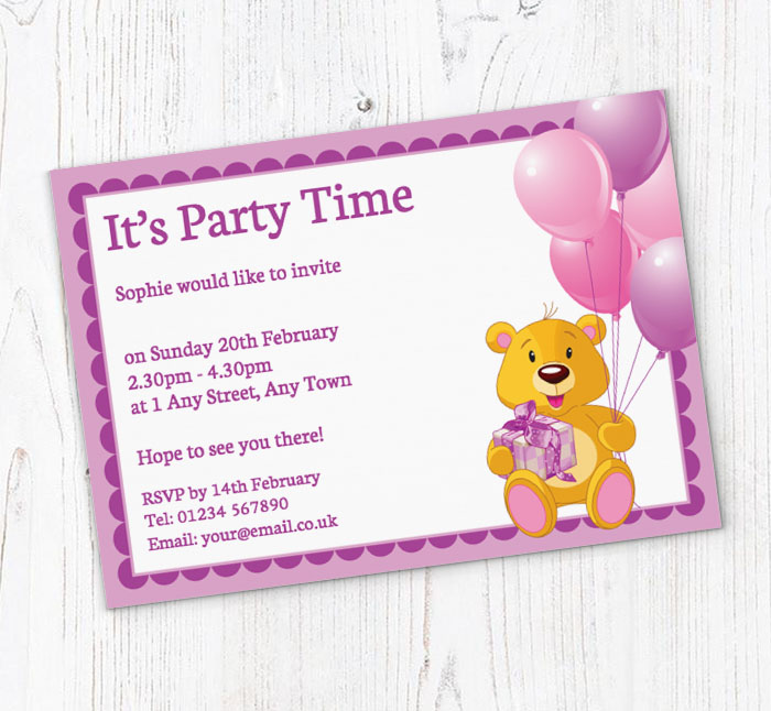 teddy holding balloons invitations